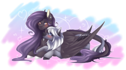 Size: 3231x1808 | Tagged: safe, artist:mauuwde, oc, oc only, oc:ender heart, oc:nisha, pegasus, pony, female, hug, intertwined tails, leonine tail, mare, prone, simple background, tail, transparent background, winghug