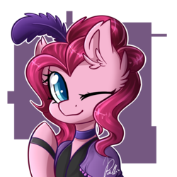 Size: 3000x3000 | Tagged: safe, artist:colirosablitz, pinkie pie, earth pony, pony, g4, abstract background, bust, clothes, colored pupils, cute, diapinkes, dress, female, high res, mare, one eye closed, portrait, saloon pinkie, solo, wink