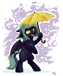Size: 2900x3500 | Tagged: safe, artist:ami-gami, oc, oc only, oc:little mine, bat pony, pony, abstract background, bipedal, female, high res, mare, smiling, solo, umbrella
