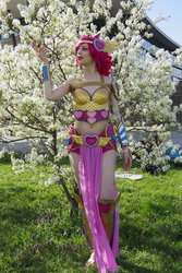 Size: 1024x1536 | Tagged: safe, artist:grana53, pinkie pie, human, g4, armor, armpits, clothes, cosplay, costume, irl, irl human, photo, solo, tree