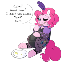 Size: 1024x879 | Tagged: safe, artist:dalunadeer, pinkie pie, earth pony, pony, g4, blatant lies, chubby, clothes, deviantart watermark, dish, fat, female, leotard, mare, obtrusive watermark, pudgy pie, saloon pinkie, simple background, solo, stuffed, transparent background, watermark