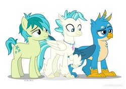 Size: 1365x960 | Tagged: safe, artist:suramii, edit, gallus, sandbar, terramar, classical hippogriff, earth pony, griffon, hippogriff, pony, g4, bros, friendshipping, jewelry, male, necklace, raised claw, simple background, smug, teenager, trio, white background