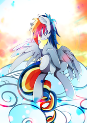 Size: 1358x1920 | Tagged: safe, artist:rariedash, oc, oc only, oc:rariedash, pegasus, pony, abstract background, cloud, female, mare, sitting, smiling, solo
