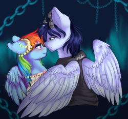 Size: 768x719 | Tagged: safe, artist:malinraf1615, rainbow dash, soarin', g4, female, horns, male, ship:soarindash, shipping, straight, watermark