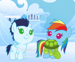 Size: 600x496 | Tagged: safe, artist:tobizgirl, rainbow dash, soarin', tank, pony, tortoise, g4, baby, baby dash, baby pony, colt, female, filly, male, obtrusive watermark, ship:soarindash, shipping, straight, toy, watermark