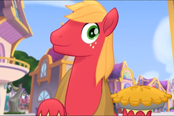 Size: 808x540 | Tagged: safe, screencap, big macintosh, earth pony, pony, g4, my little pony: the movie, cropped, food, looking at you, male, pie, smiling, stallion