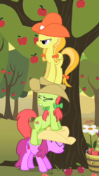Size: 405x720 | Tagged: safe, screencap, berry punch, berryshine, jonagold, marmalade jalapeno popette, peachy sweet, earth pony, pony, g4, over a barrel, apple, apple family member, apple tree, background pony, cowboy hat, cropped, eyes closed, female, food, hat, mare, pony pile, stetson, tower of pony, tree, trio