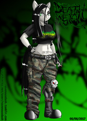 Size: 914x1280 | Tagged: safe, artist:ravenousdash, oc, oc:death metal, earth pony, anthro, plantigrade anthro, abstract background, body writing, boots, breasts, camouflage, cigarette, ear piercing, hand on hip, lidded eyes, piercing, ranchtown, shoes, skull, smoking, tattoo