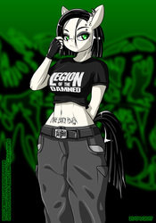 Size: 896x1280 | Tagged: safe, artist:ravenousdash, oc, oc:death metal, earth pony, anthro, abstract background, belly button, body writing, clothes, ear piercing, eyeliner, fingerless gloves, gloves, makeup, midriff, pantera, piercing, ranchtown, short sleeves, tattoo