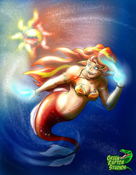 Size: 1024x1321 | Tagged: safe, artist:pete-da-graptor, sunset shimmer, human, mermaid, g4, breasts, cleavage, female, humanized, magic, mermaidized, midriff, not fiery shimmer, solo, species swap, sun, sunshine shimmer, underwater, water