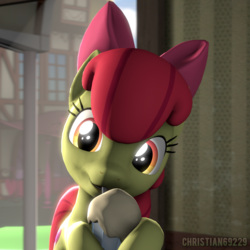 Size: 1024x1024 | Tagged: safe, artist:christian69229, apple bloom, earth pony, pony, g4, 3d, bow, bust, female, filly, looking at you, milkshake, portrait, solo, source filmmaker