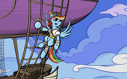 Size: 1920x1200 | Tagged: safe, artist:sirvalter, rainbow dash, pegasus, pony, g4, airship, alternate hairstyle, clothes, female, goggles, mare, pirate, pirate dash, sky pirate, smiling, solo