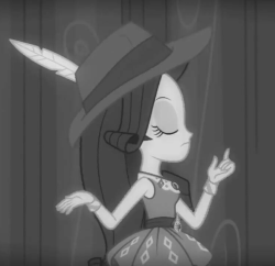 Size: 745x720 | Tagged: safe, screencap, rarity, equestria girls, equestria girls series, g4, rarity investigates: the case of the bedazzled boot, animated, black and white, cropped, detective rarity, fabulous, feather, fedora, female, geode of shielding, gif, grayscale, hat, magical geodes, monochrome, rarity peplum dress, solo