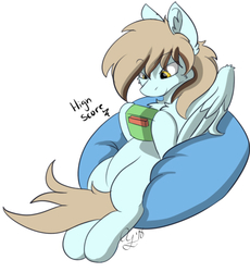 Size: 511x555 | Tagged: safe, artist:aurorafang, oc, oc only, oc:zephyrfrost, pegasus, pony, beanbag chair, colt, game boy advance, gaming, high score, male, relaxed