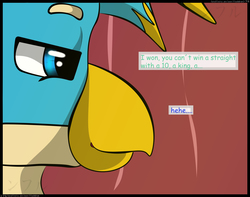 Size: 2350x1850 | Tagged: safe, artist:flash_draw, gallus, griffon, comic:boring days, g4, bust, close-up, comic, dialogue, gaming, lidded eyes, male, nervous, offscreen character, shipping, side view, smiling, smirk, solo focus, text