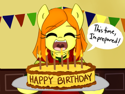 Size: 3200x2400 | Tagged: safe, artist:spheedc, oc, oc only, oc:sweet corn, earth pony, semi-anthro, bipedal, birthday, birthday cake, birthday candles, cake, candle, celebration, clothes, digital art, eyes closed, female, food, high res, mare, smiling, solo, speech bubble