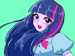 Size: 1200x899 | Tagged: safe, artist:momoka, twilight sparkle, equestria girls, g4, bowtie, female, long hair, looking at you, simple background, smiling, solo