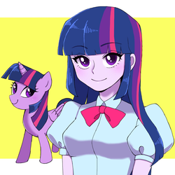 Size: 1200x1200 | Tagged: safe, artist:momoka, twilight sparkle, alicorn, pony, equestria girls, g4, bowtie, female, looking at you, mare, smiling, twilight sparkle (alicorn)