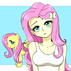 Size: 1200x1200 | Tagged: safe, artist:momoka, fluttershy, pegasus, pony, equestria girls, g4, blushing, breasts, clothes, cute, female, looking at you, mare, shyabetes, smiling