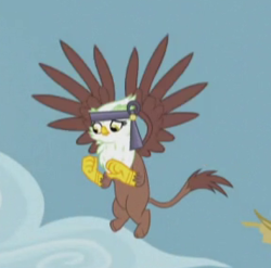 Size: 289x286 | Tagged: safe, screencap, gretchen, griffon, g4, the lost treasure of griffonstone, background griffon, cloud, cropped, cute, female, flying, looking down, sky, solo, spread wings, wings