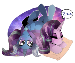 Size: 5148x4308 | Tagged: safe, artist:fluffideer, artist:tempwilzze, starlight glimmer, trixie, pony, unicorn, g4, absurd resolution, cape, clothes, female, hat, lesbian, mare, pony pile, ship:startrix, shipping, simple background, sleeping, transparent background, trixie's cape, trixie's hat, zzz