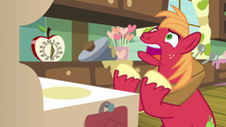 Size: 1280x720 | Tagged: safe, screencap, big macintosh, earth pony, pony, g4, the break up breakdown, apple timer, frustrated, kitchen, male, open mouth, solo, stallion, timer
