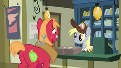 Size: 1280x720 | Tagged: safe, screencap, big macintosh, derpy hooves, earth pony, pony, g4, the break up breakdown, butt, cash register, duo, female, hat, mailmare, mailmare hat, male, mare, package, plot, post office, stallion