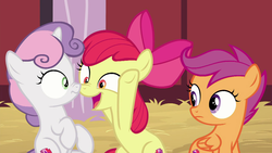 Size: 1280x720 | Tagged: safe, screencap, apple bloom, scootaloo, sweetie belle, earth pony, pegasus, pony, unicorn, g4, the break up breakdown, boop, bowtie, cutie mark, cutie mark crusaders, female, filly, hay, looking at each other, noseboop, the cmc's cutie marks