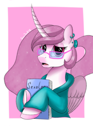 Size: 2053x2756 | Tagged: safe, artist:php97, princess celestia, alicorn, pony, g4, book, clothes, ear piercing, earring, female, folded wings, frown, glasses, high res, jewelry, looking at you, mare, open mouth, piercing, pink-mane celestia, solo, sweater, wings