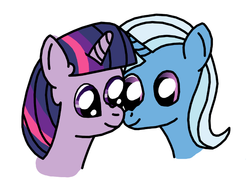 Size: 724x556 | Tagged: safe, artist:orddiffeqn, trixie, twilight sparkle, pony, unicorn, g4, bust, cropped, female, lesbian, looking at each other, mare, ship:twixie, shipping, simple background, smiling, white background