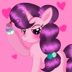 Size: 2048x2048 | Tagged: safe, artist:doraeartdreams-aspy, sugar belle, pony, unicorn, g4, bedroom eyes, blushing, cupcake, female, food, heart, heart background, high res, mare, missing cutie mark, smiling, solo