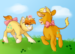 Size: 1280x914 | Tagged: safe, artist:lucky-leaf, baby leafy, baby lucky leaf, pony, bowtie, cutie mark, duo, female