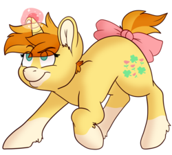 Size: 1280x1148 | Tagged: safe, artist:lucky-leaf, baby lucky leaf, pony, unicorn, g1, bowtie, cutie mark, eye clipping through hair, female, mare, simple background, solo, transparent background