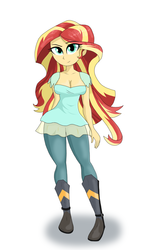 Size: 1836x3096 | Tagged: safe, artist:iyoungsavage, sunset shimmer, equestria girls, g4, boots, breasts, busty sunset shimmer, cleavage, clothes, female, looking at you, shoes, simple background, smiling, solo, white background