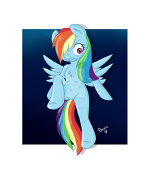 Size: 1024x1195 | Tagged: safe, artist:roxenmaratoun, rainbow dash, pegasus, pony, semi-anthro, g4, abstract background, belly button, chest fluff, deviantart watermark, female, flying, mare, obtrusive watermark, solo, spread wings, unamused, watermark, wings