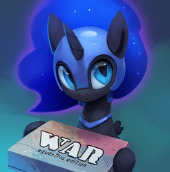Size: 1182x1200 | Tagged: safe, artist:rodrigues404, nightmare moon, alicorn, pony, board game, cute, ethereal mane, female, filly, helmet, looking at you, moonabetes, nightmare woon, risk, solo, war, younger