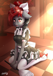 Size: 3640x5200 | Tagged: safe, artist:sparklyon3, oc, oc only, unicorn, anthro, plantigrade anthro, rcf community, clothes, commission, dress, finished, maid, missing shoes, outfit, socks, solo, stockings, thigh highs, ych result