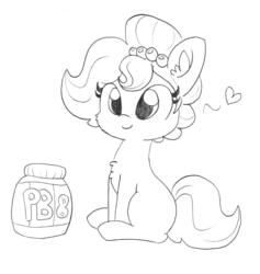 Size: 1591x1681 | Tagged: safe, artist:tjpones edits, edit, editor:dsp2003, oc, oc:brownie bun, earth pony, pony, female, food, heart, lineart, mare, monochrome, peanut butter, simple background, sitting, traditional art, white background