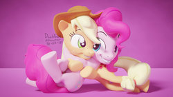 Size: 1024x576 | Tagged: safe, artist:dashyoshi, applejack, pinkie pie, pony, g4, 3d, blender, hug