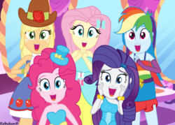 Size: 1057x755 | Tagged: safe, artist:robukun, applejack, fluttershy, pinkie pie, rainbow dash, rarity, equestria girls, g4, my little pony equestria girls, carousel boutique, clothes, cute, daaaaaaaaaaaw, dress, excited, fall formal outfits, happy, hat, humane five, humane five's encounter, implied twilight sparkle, incoming hug, scene interpretation, smiling, this is our big night
