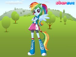 Size: 795x597 | Tagged: safe, artist:user15432, rainbow dash, equestria girls, g4, boots, clothes, dress up, dressup, equestria girls plus, hasbro, hasbro studios, ponied up, pony ears, shoes, solo, starsue, winged humanization, wings, wondercolts