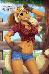Size: 1933x2900 | Tagged: dead source, safe, artist:evomanaphy, applejack, earth pony, anthro, g4, abs, adorasexy, apple tree, applejack's hat, bandeau, belly button, breasts, cleavage, clothes, cowboy hat, cute, daisy dukes, dialogue, female, fence, freckles, front knot midriff, gloves, grin, hand on hip, hat, jackabetes, looking at you, mare, midriff, outdoors, pinup, sexy, shirt, shorts, smiling, solo, summer, tree
