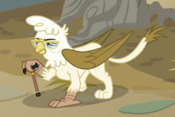 Size: 540x362 | Tagged: safe, screencap, gwyneth, griffon, g4, the fault in our cutie marks, background griffon, cane, cropped, elderly, female, glasses, solo