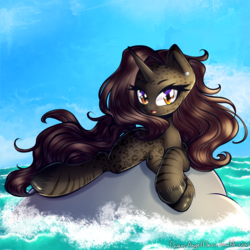 Size: 2000x2000 | Tagged: safe, artist:chaosangeldesu, oc, oc only, oc:neysa, pony, unicorn, female, high res, lying, mare, rock, solo, water, ych result