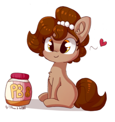 Size: 1591x1681 | Tagged: safe, artist:dsp2003, artist:tjpones, oc, oc only, oc:brownie bun, earth pony, pony, blushing, collaboration, colored, cute, female, food, heart, mare, ocbetes, peanut butter, simple background, smiling, solo, transparent background