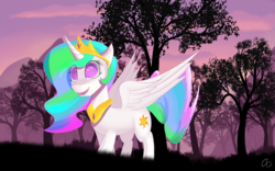 Size: 3840x2400 | Tagged: safe, artist:creepypastapon3, princess celestia, alicorn, pony, g4, colored pupils, female, forest, high res, scenery, smiling, solo, sunrise