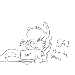 Size: 4000x4000 | Tagged: safe, artist:lofis, oc, oc only, oc:mint chocolate, pony, bed, computer, cooling pad, cute, dialogue, laptop computer, lying down, paint tool sai, pillow, solo, spread wings, wing hold, wings