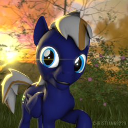 Size: 1024x1024 | Tagged: safe, artist:christian69229, oc, oc only, oc:electric blue, pegasus, pony, 3d, bust, looking at you, portrait, smiling, solo, source filmmaker, sunset, tree, walking