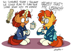 Size: 2197x1573 | Tagged: safe, artist:bobthedalek, stellar flare, sunburst, pony, unicorn, g4, the parent map, bathrobe, beard, bed mane, book, clothes, cup, duo, facial hair, female, glasses, glowing horn, horn, kettle, magic, male, mare, morning ponies, mother and son, robe, simple background, sitting, stallion, teacup, teapot, telekinesis, that pony sure does love books, that pony sure does love plans, white background