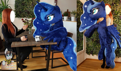 Size: 2592x1520 | Tagged: safe, artist:epicrainbowcrafts, princess luna, alicorn, human, pony, g4, female, holding a pony, irl, irl human, life size, mare, photo, plushie, smiling, spread wings, table, wings